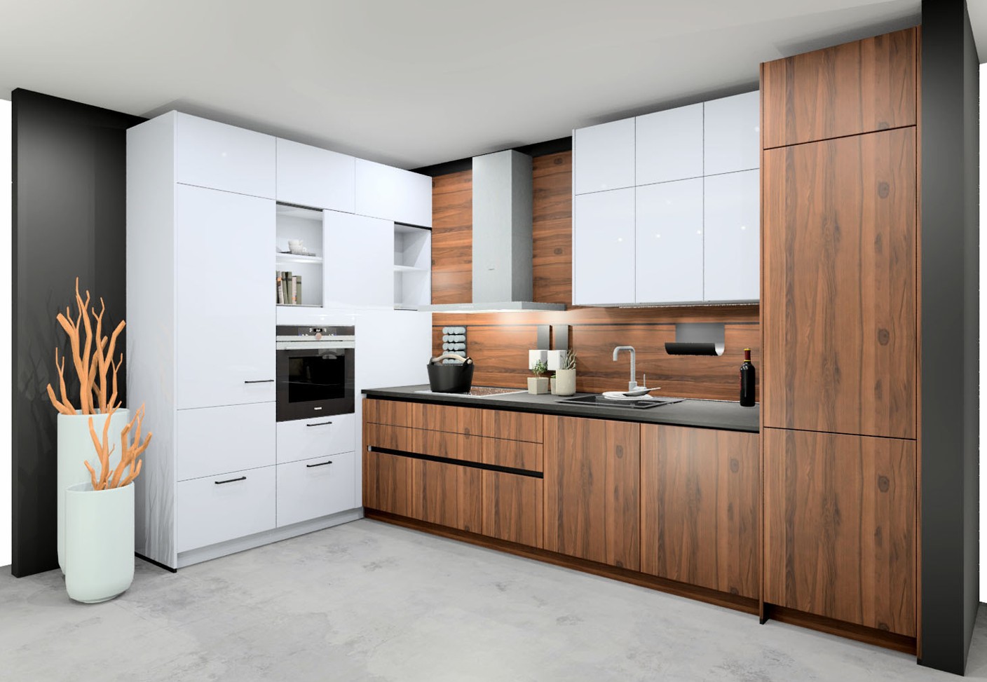 Moderne L-förmige Küche mit hochglanzweißen Hängeschränken, walnussfarbenen Unterschränken, dunkler Arbeitsplatte, integriertem Backofen und silberner Dunstabzugshaube.