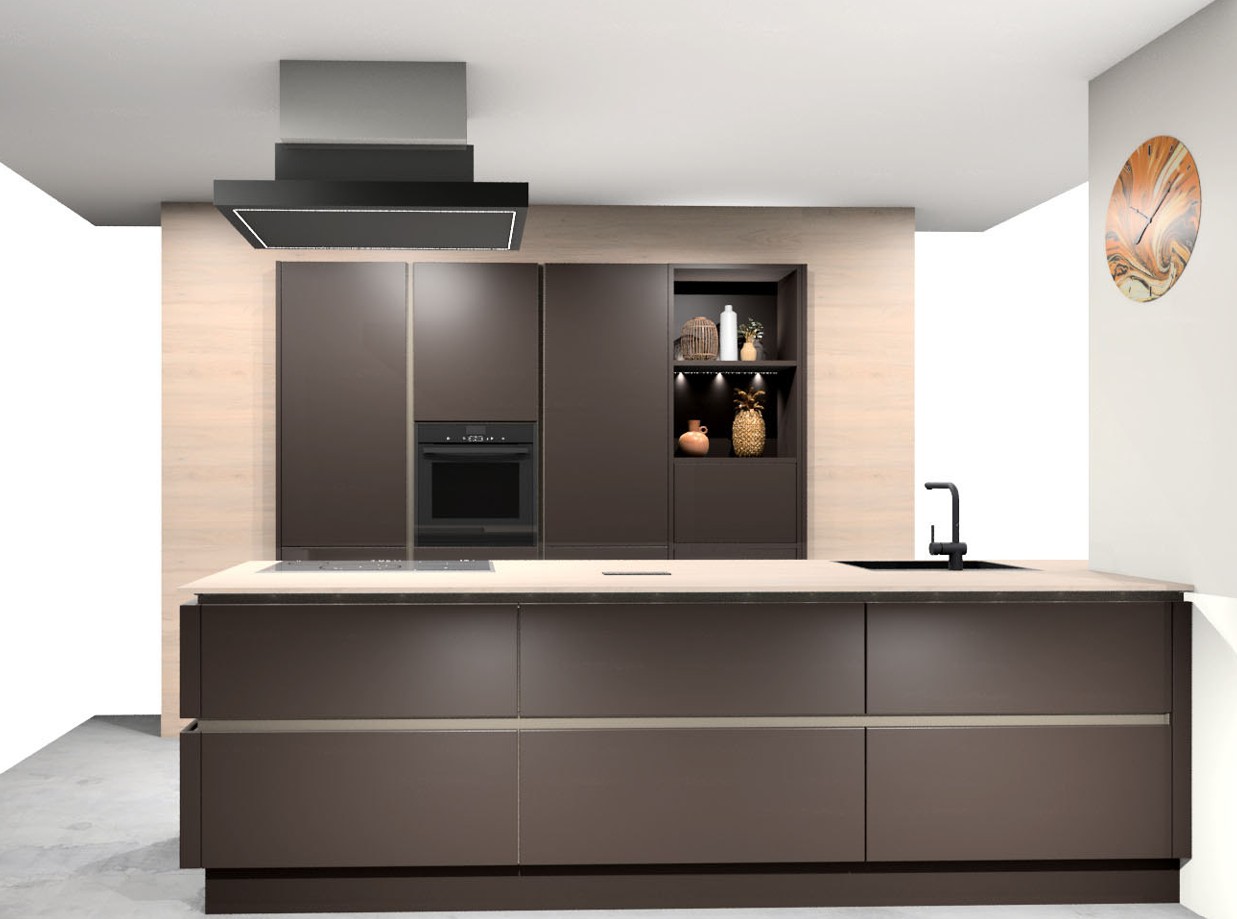 Moderne minimalistische Kücheninsel mit matt dunkelbraunen Fronten, heller Arbeitsplatte, Induktionskochfeld, schwarzer Dunstabzugshaube und integrierter Spüle.