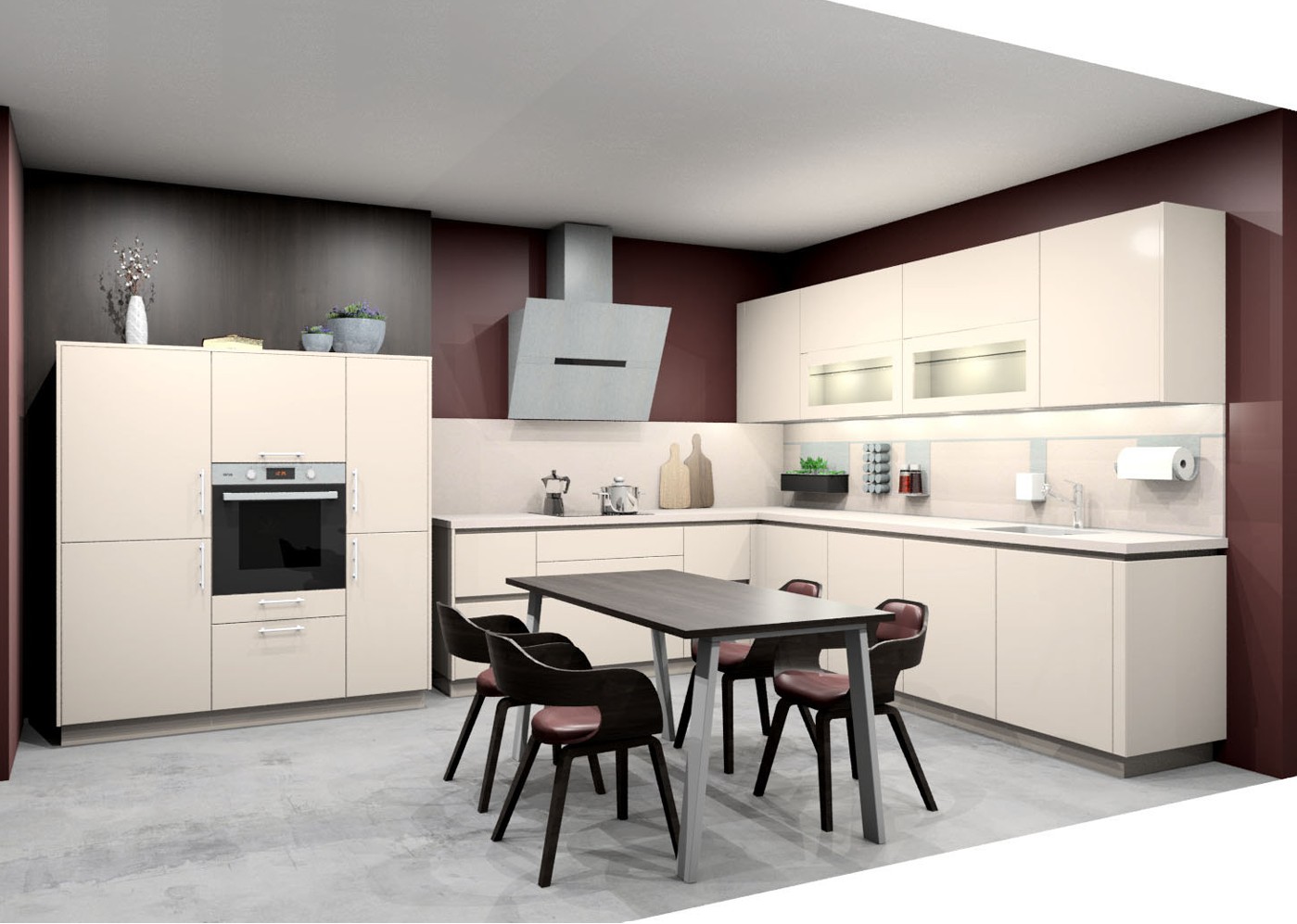 Moderne L-förmige Einbauküche in Creme mit grauer Dunstabzugshaube, integriertem Backofen, Wandpaneelen in Dunkelrot, Esstisch mit vier dunklen Stühlen und hellem Betonboden.
