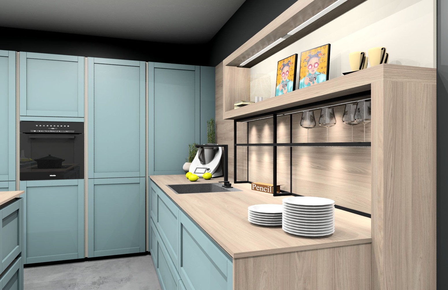 Moderne pastell-mintgrüne Küche mit Holz-Arbeitsplatte, eingebautem Backofen, Spüle, Thermomix und offenem Regal mit Weingläsern und Deko.