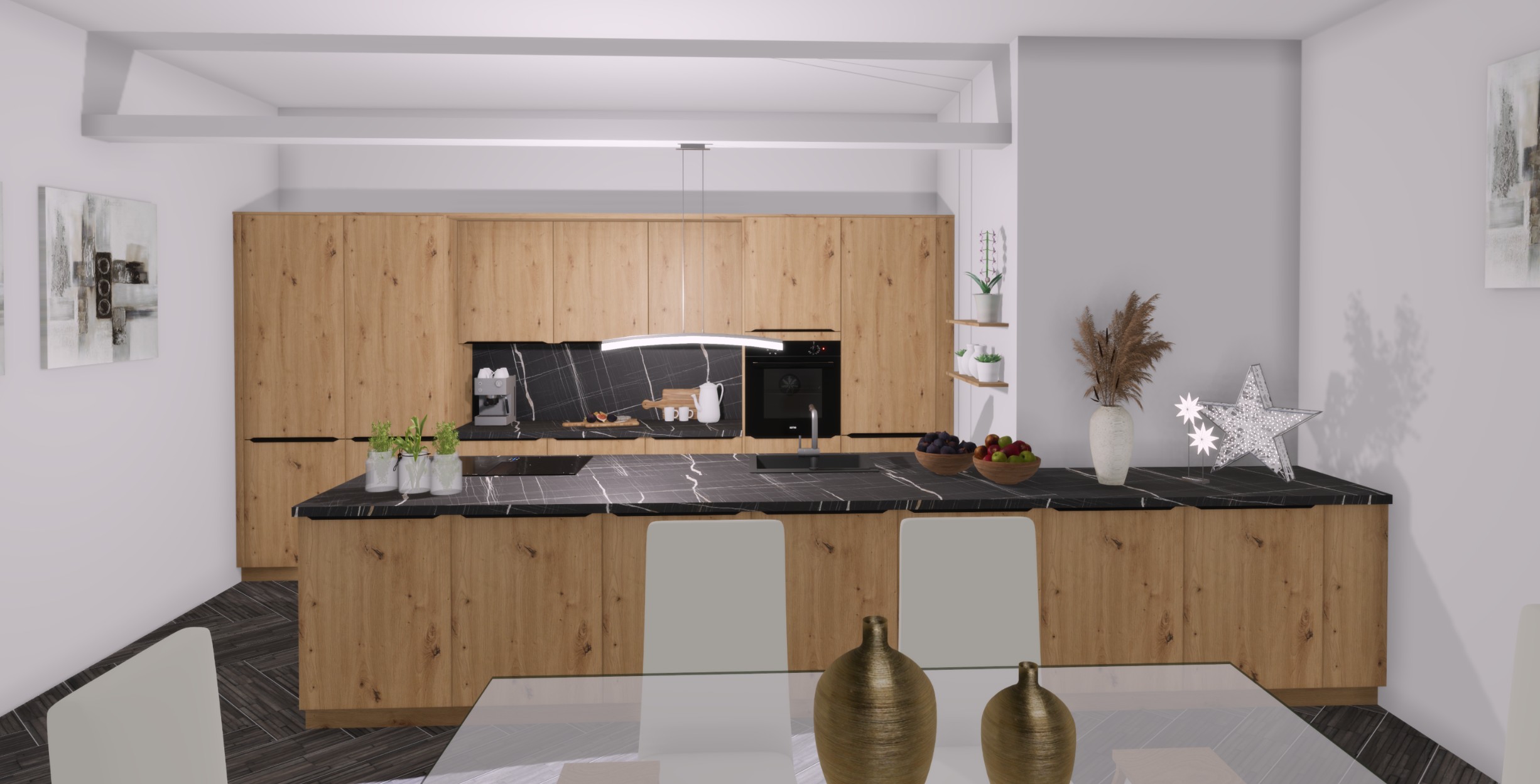 Moderne Küche mit großer Holzfront und schwarzer Arbeitsplatte, Kochinsel mit Spüle und Induktionsfeld, hellen Wänden, dezentem Dekor und hängender LED-Leuchte im Vordergrund.